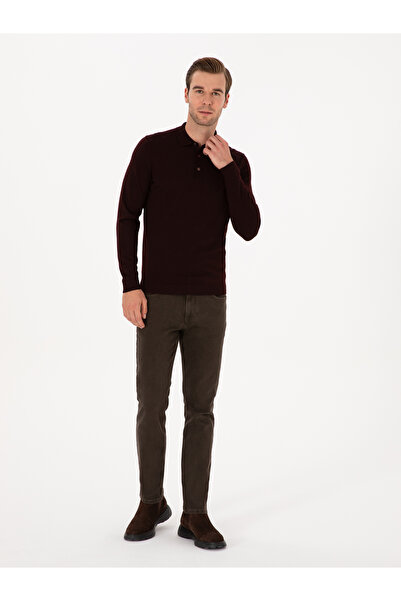 Cacharel Bordo Slim Fit Yün Karışımlı Polo Yaka Basic Triko Kazak 50315267-VR014