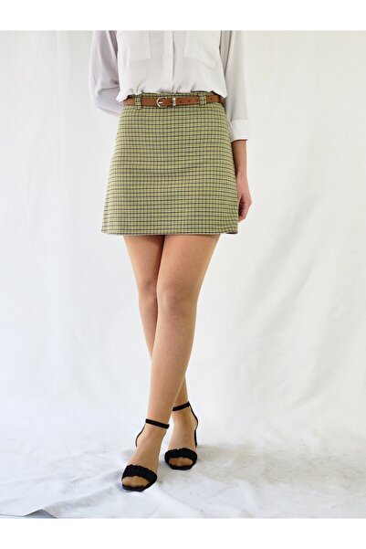 YAXİ High Waist Green Checked Woven Fabric Mini A-Line Skirt with Belt