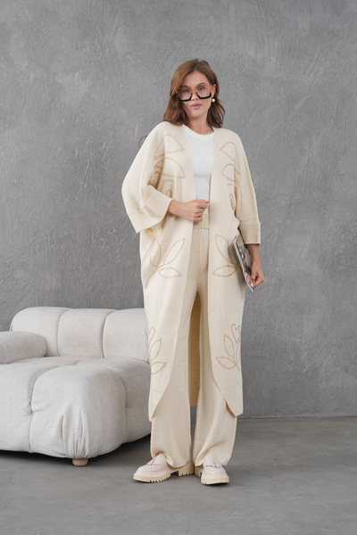 Miss Allos Women's Beaded Wide-Fit Knitwear Cardigan and Pants Bottom-Top Set