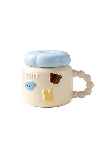 Flippy Children's Porcelain Mug with Lid, Animal Figurine Print, 400ml, Light Yellow