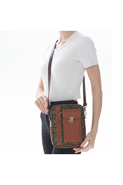 MODA İran İşi El Yapımı Etnik Desenli Yeşil-Taba Deri Detaylı Bohem Askılı Om...