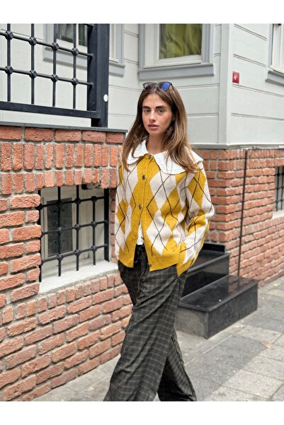 Retrobird Baklava Desenli Hırka Kadın Hardal