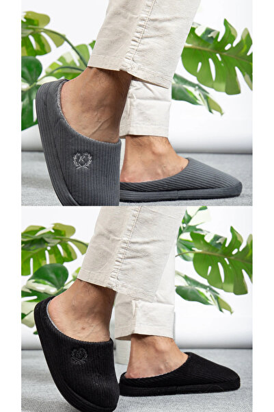 Hızlı Al 2 Pack Men's Winter House Slippers. Embroidered Velvet Embroidered Soft Men's Winter Slippers