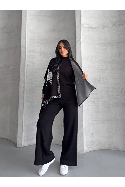 GİYSİ DÜNYASI 57 Triko Poncho Sweater Pants 3-Piece Set