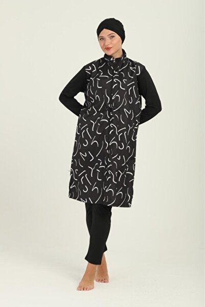 VAJESTO Women's Black Full Zipper Hijab Swimsuit Adjustable Waist Elastic Fit...