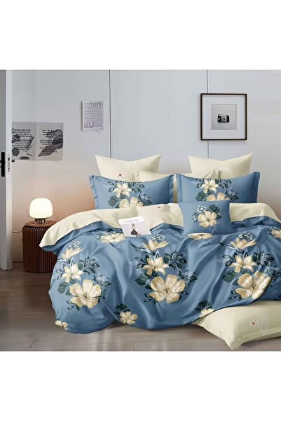 LOCK طقم سرير زهري أزرق - زهور بيضاء وصفراء - ناعم وأنيق