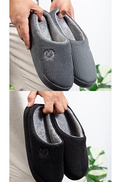 Hızlı Al 2 Pack Men's Winter House Slippers. Embroidered Velvet Embroidered Soft Men's Winter Slippers