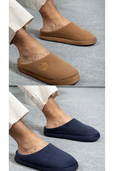 Hızlı Al 2 Pack Men's Winter House Slippers. Embroidered Velvet Embroidered Soft Men's Winter Slippers