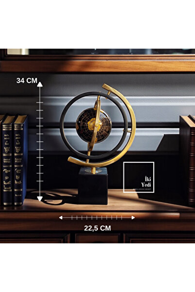 77 Ortiz Dekoratif Dünya Küresi Obje, Metal Sarı Siyah Masaüstü Globe Ofis He...