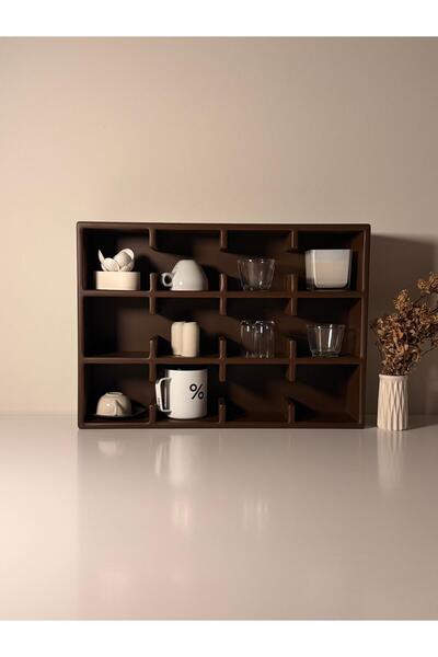 VIVECA Kahverengi 12 Bölmeli Dekoratif Mug & Fincan Rafı– Kahve Köşesi – Ofis Organizer- Kupa Rafı- Kupalık