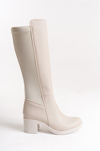 DORA Stretchy Back, Flexible Thick Mid-High Heels, V Metal Detail, Zippered Long Boots