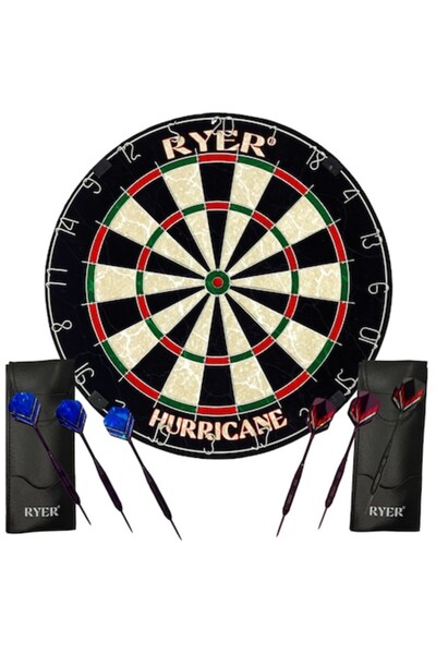 RYER Darts Board Hurricane Self-Healing Sisal Fiber, 6 Professional Steel Darts, 2 Leather Cases, Of