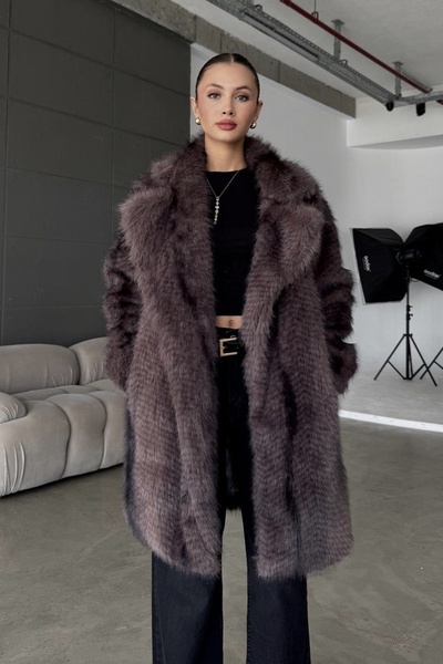 Moderk Zr Imported Snap Detail Long Jacquard Collar Pocketed Fur Jacket Coat