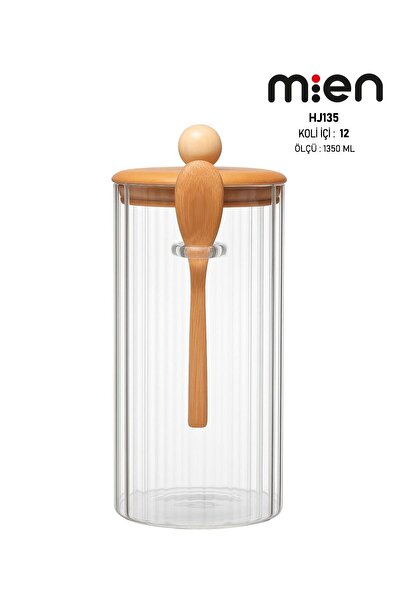 MİEN Kaşıklı Cam Kavanoz-1350 ml , Çok Amaçlı Kavanoz, Vakumlu bambu kapak
