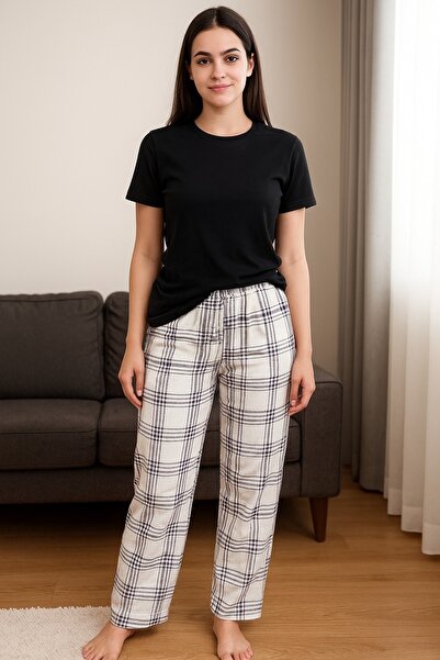 MEYİCA بنطلون بيجامة أبيض من القطن بتفاصيل عند الخصر بدون جيوب مصنوع من قماش ...