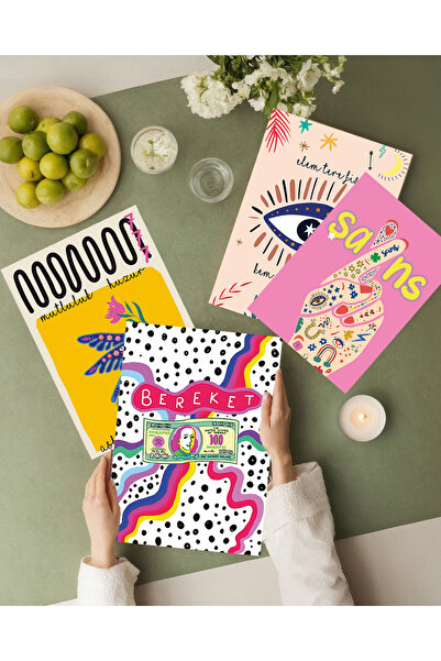 Pankart Evi 4'lü Manifest Poster Seti, A5 15x21cm Estetik Duvar Çerçevesiz Poster "BEREKET" "ŞANS" 777 "NAZAR"