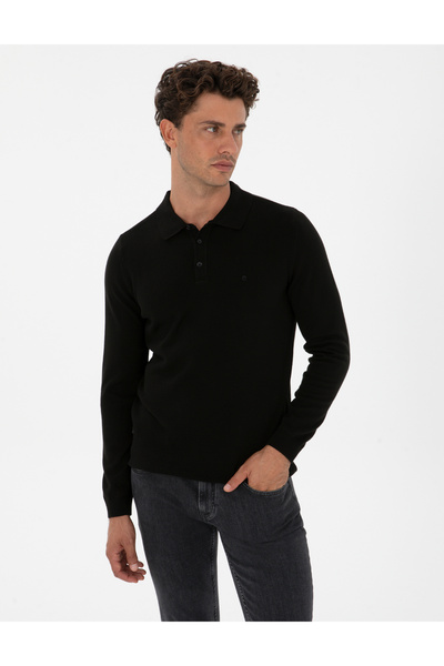 Pierre Cardin Black Slim Fit Polo Neck Basic Knit Sweater 50315405-Vr046