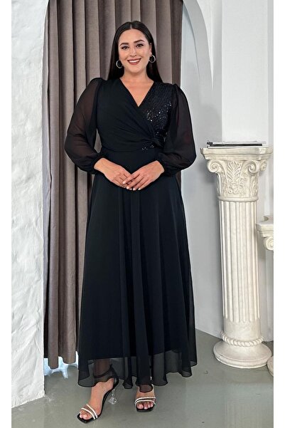 Butik Nilyam Жіноче плаття великого розміру з круазевим коміром, довгими рукавами, паєтками та шифоном 24087