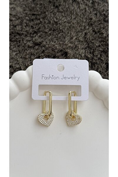 Bijouzel Altın Renk Kalpli Taşlı Çelik Küpe – Zarif ve Şık Tasarım