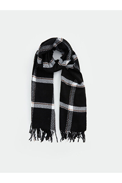 LC Waikiki Black Fringed Plaid Patterned Women's Scarf