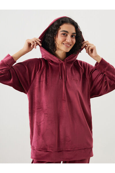 LC Waikiki LCW DREAM Bordo Kapüşonlu Kadife Kadın Pijama Üstü