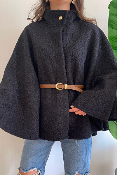 Nazline Kadın Oversize Kemerli Detaylı Buklet Kumaş Panço