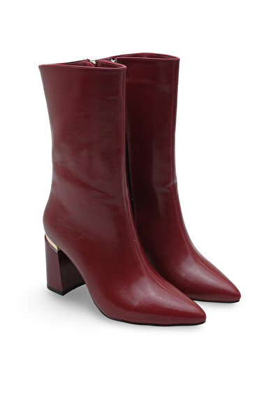 Women Lay-z Kadın Topuklu Bot Sivri Burun Bordo Kırışık Deri Görünümlü Gold Detaylı 8.5 Cm Kalın Topuk