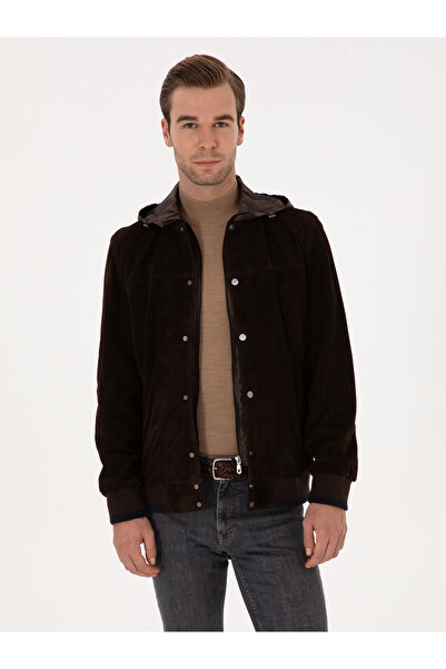 Cacharel Koyu Kahverengi Kapüşonlu %100 Deri Mont 50308741-VR084