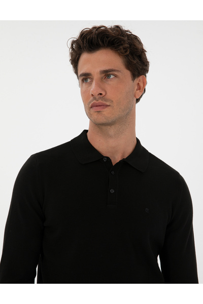 Pierre Cardin Black Slim Fit Polo Neck Basic Knit Sweater 50315405-Vr046