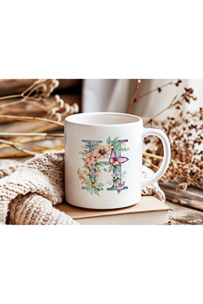 Beramussa كوب على شكل حرف H مزين بالزهور - كوب قهوة أنيق بنمط زهور وفراشات بأ...
