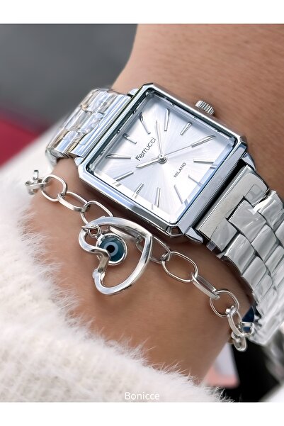 Ferrucci Women's Watch Square Case Silver Steel Band, Original Box, Bracelet Gift
