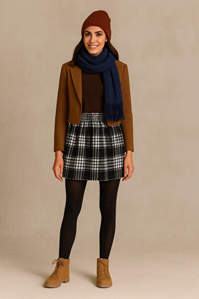 VOICTEC Fusta de iarnă în carouri cu talie elastică de calitate superioară pentru femei