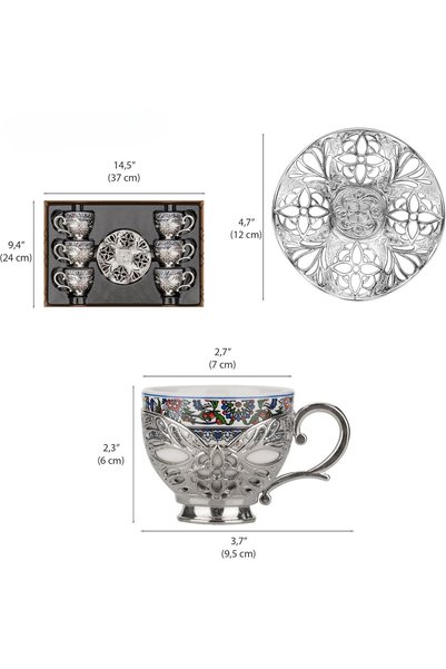 E orient Turkish Coffee Set for 6, 6 Topkapi Design Porcelain Cups with Zamak Handles and Saucers,
