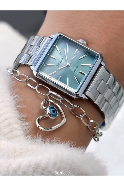 Ferrucci Kadın Saat Kare Kasa Mavi Gümüş ÇELİK Kordon, Orjinal Kutu, Bileklik Hediyeli