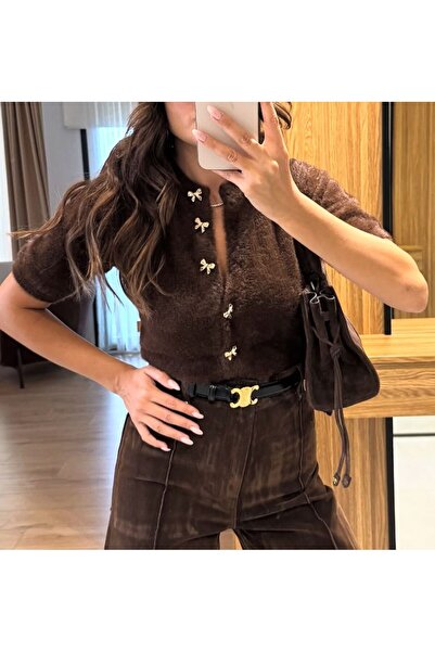Eliss butik Kahverengi Kurdele Düğmeli Soft Dokulu Dar Kalıp Hırka