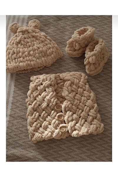 Alize Hand Knitted Vest Booties Beret Set