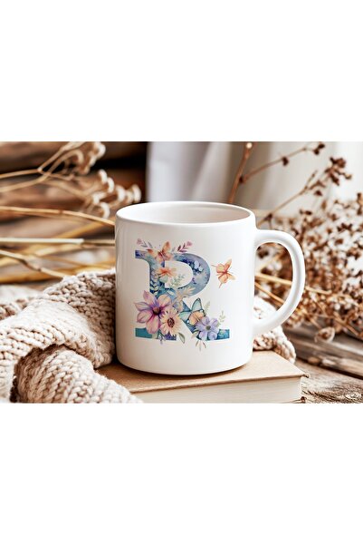 Beramussa كوب على شكل حرف R مزين بالزهور - كوب قهوة أنيق بنمط زهور وفراشات بأ...