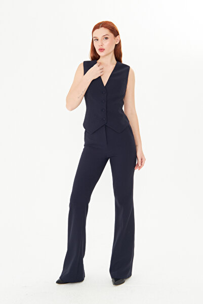 PEARL Lacivert Yüksek Bel Flare Krep Pantolon – Şık Ofis Kombini Kadın Zarif Kalıp Pantolon