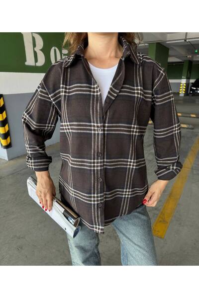 D'RECCY Women's Plaid Patterned Oversize Long Sleeve Shirt