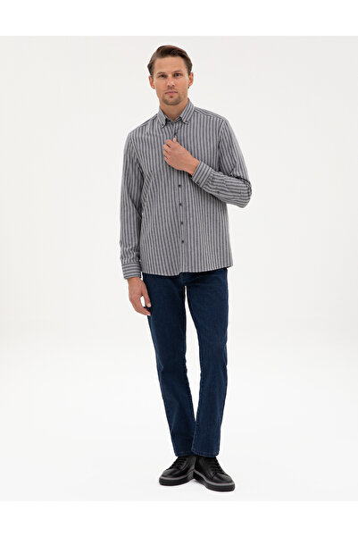 Pierre Cardin Gri Regular Fit Çizgili Uzun Kollu Gömlek 50316710-VR024