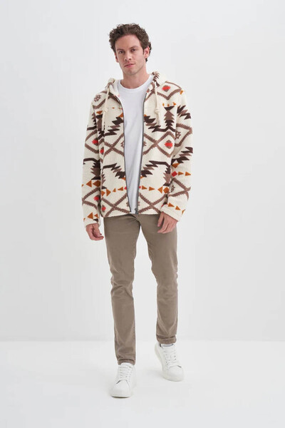 Cazador Vintage Patterned Fur Regular Fit Hooded Ecru Men's Cardigan 50940