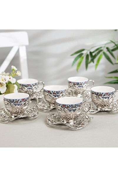 E orient طقم قهوة تركي لـ 6 أشخاص، 6 أكواب بورسلين بتصميم توبكابي، مع حامل زاماك وصحون