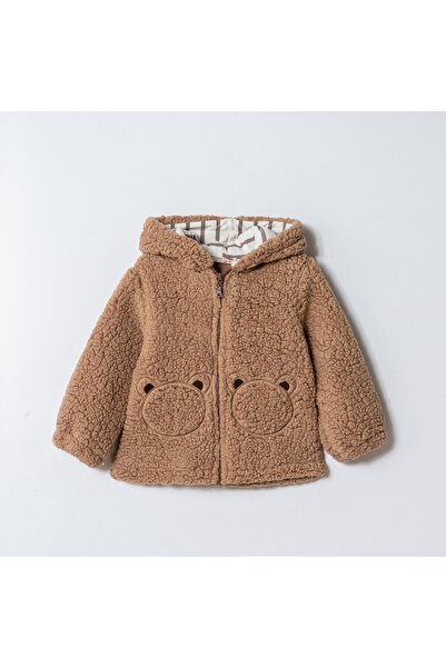 Magu Unisex Çocuk Pamuklu Kahverengi Teddy Desenli Kapüşonlu Fermuarlı Mont - Cep Detaylı