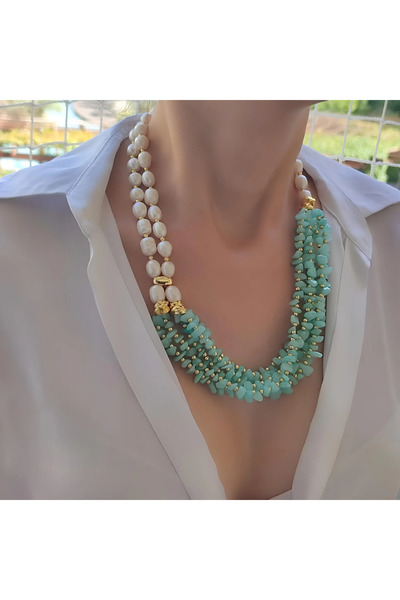 elinasaccessories Amazonit ve İnci Kolye, İnci Kolye, Amozonit Doğal Taş Kolye, Kadına Hediye,Designer Kolye