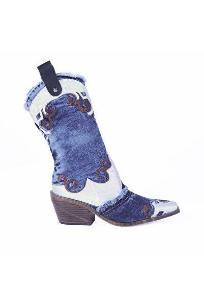Butik Jeanolog Western Cowboy Boots with Applique and Leather Detailing