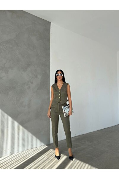 Azra Moda Style Trend Güderi Buttoned Accessory Vest Suit for Women