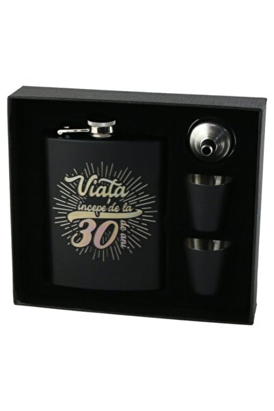 velve Set plosca "Viata incepe de la 30 de ani", palnie si doua pahare, Negru