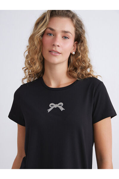 LC Waikiki Peak New Season Crew Neck Shiny Rhinestone Bow Women's T-Shirt
