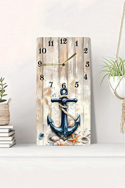 kutuTR Temperli Cam Tablo Saat – Çapa ve Deniz Kabukları Desenli 30x60cm UV B...