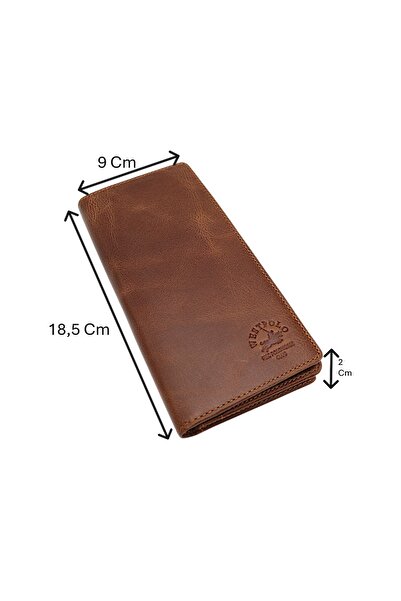 Westpolo Rocco Eskitme Hakiki Deri Bol Kart Bölmeli Unisex Uzun Cüzdan - Taba
